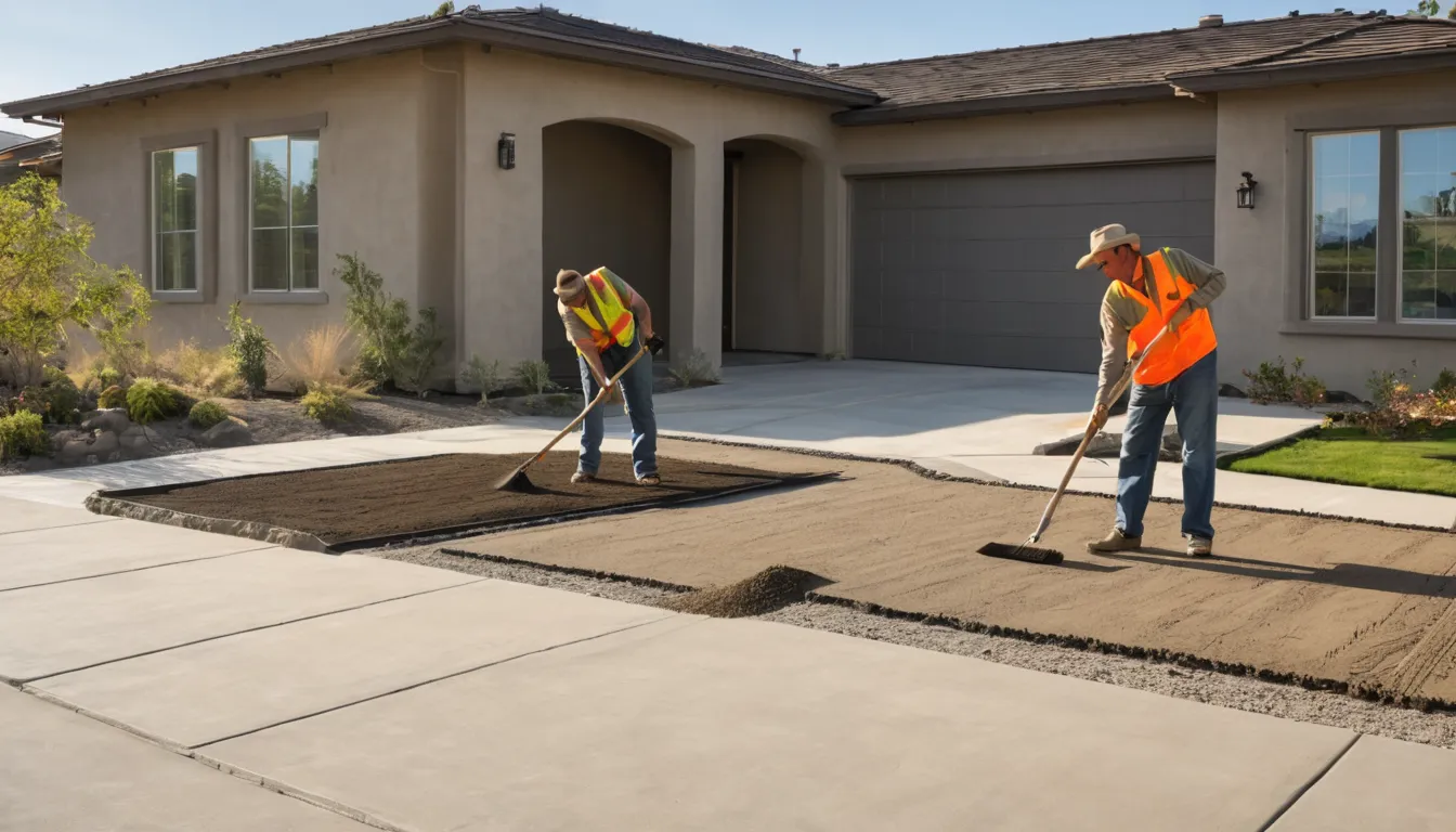 New concrete driveway leading to a stucco ranch home in Woodside