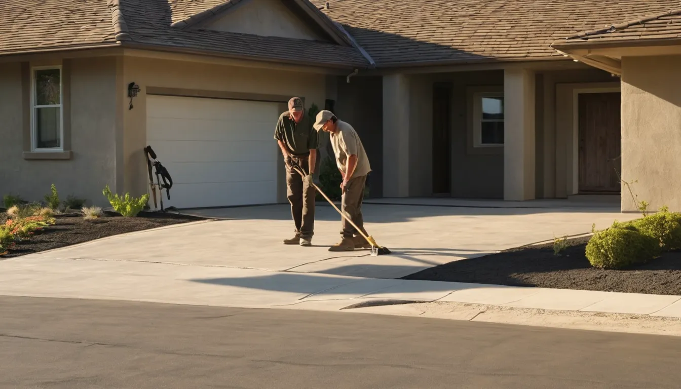 A new concrete driveway beside a stucco ranch home in Woodside
