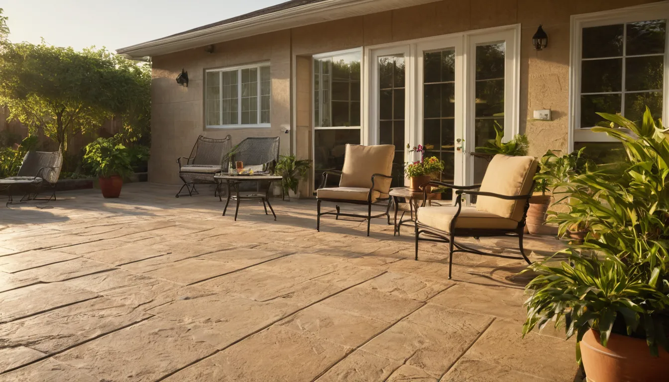 A finished stamped concrete patio behind a bungalow near Woodside